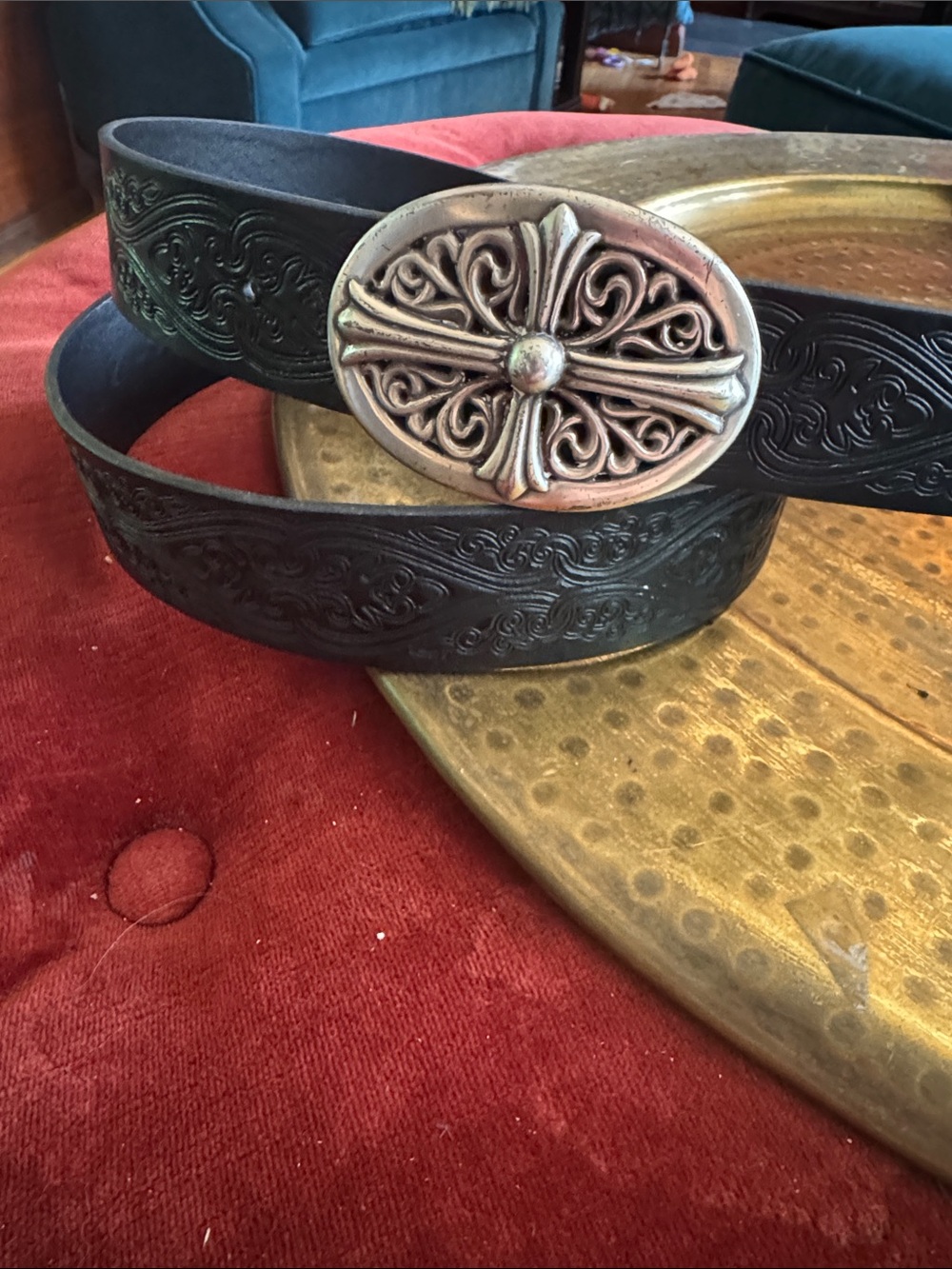 Black Embossed Bonded Leather Belt with Ornate Silver Buckle